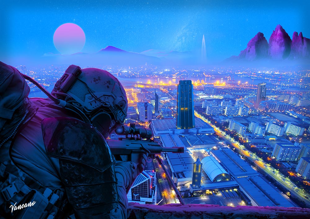 A sniper looks over a city at nighttime. 