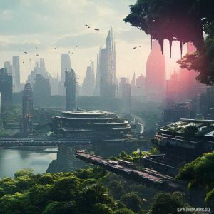 Cyberpunk City of the future. Tall sky scrapers in the background tower over tree tops. In the foreground a platform is covered by a tree canopy.