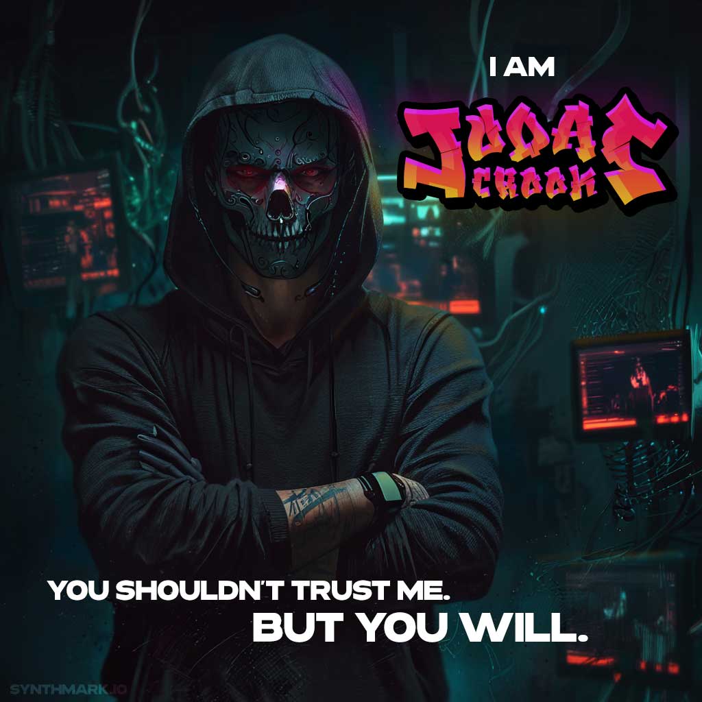 Cover image of a man wearing a hoodie and a skeleton mask. Behind him are computers.